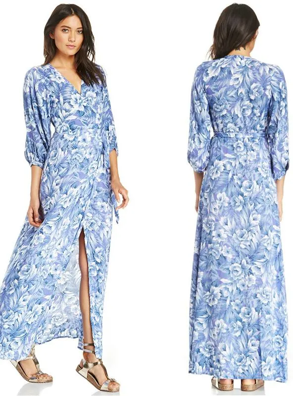 BerryBetty - Floral Printed Drawstring Wrap Chiffon Maxi Dress
