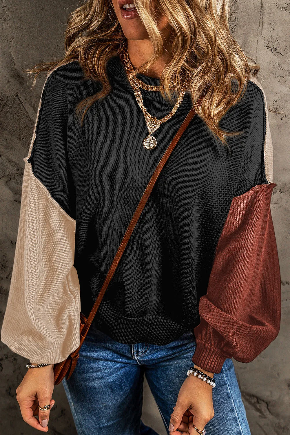 Black Colorblock Bishop Sleeve Ribbed Trim Sweater