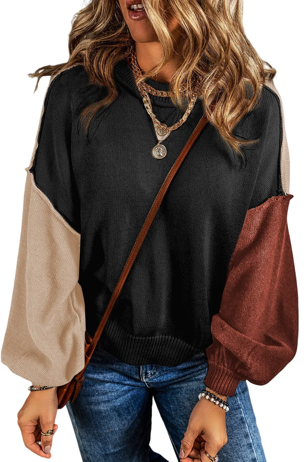 Black Colorblock Bishop Sleeve Ribbed Trim Sweater