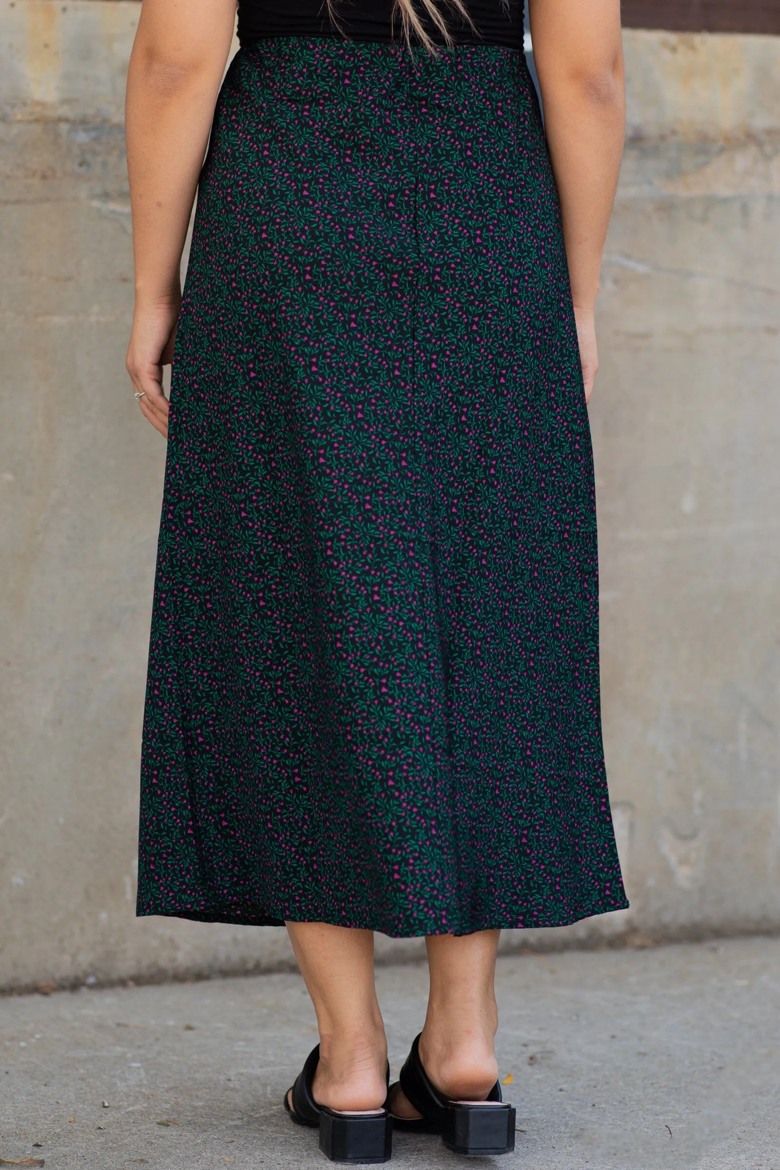 Black Ditsy Floral Midi Length Skirt