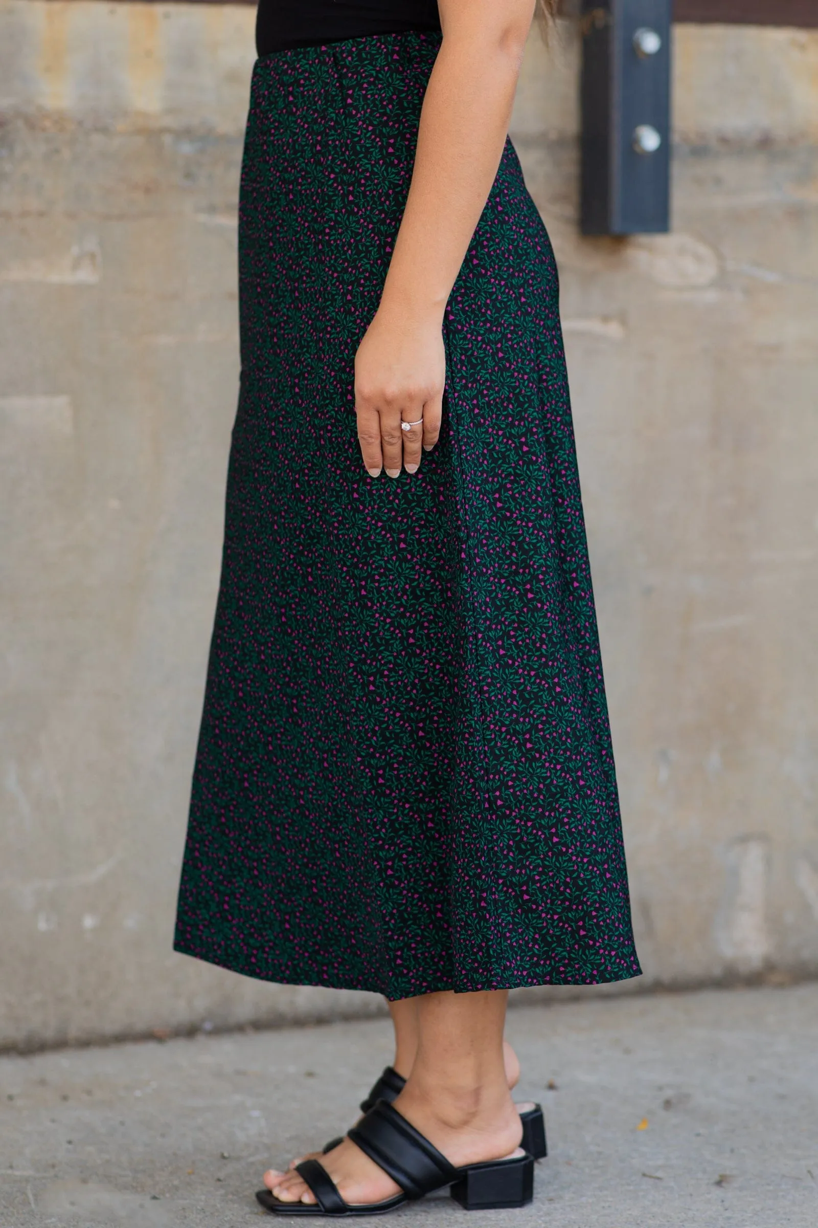 Black Ditsy Floral Midi Length Skirt