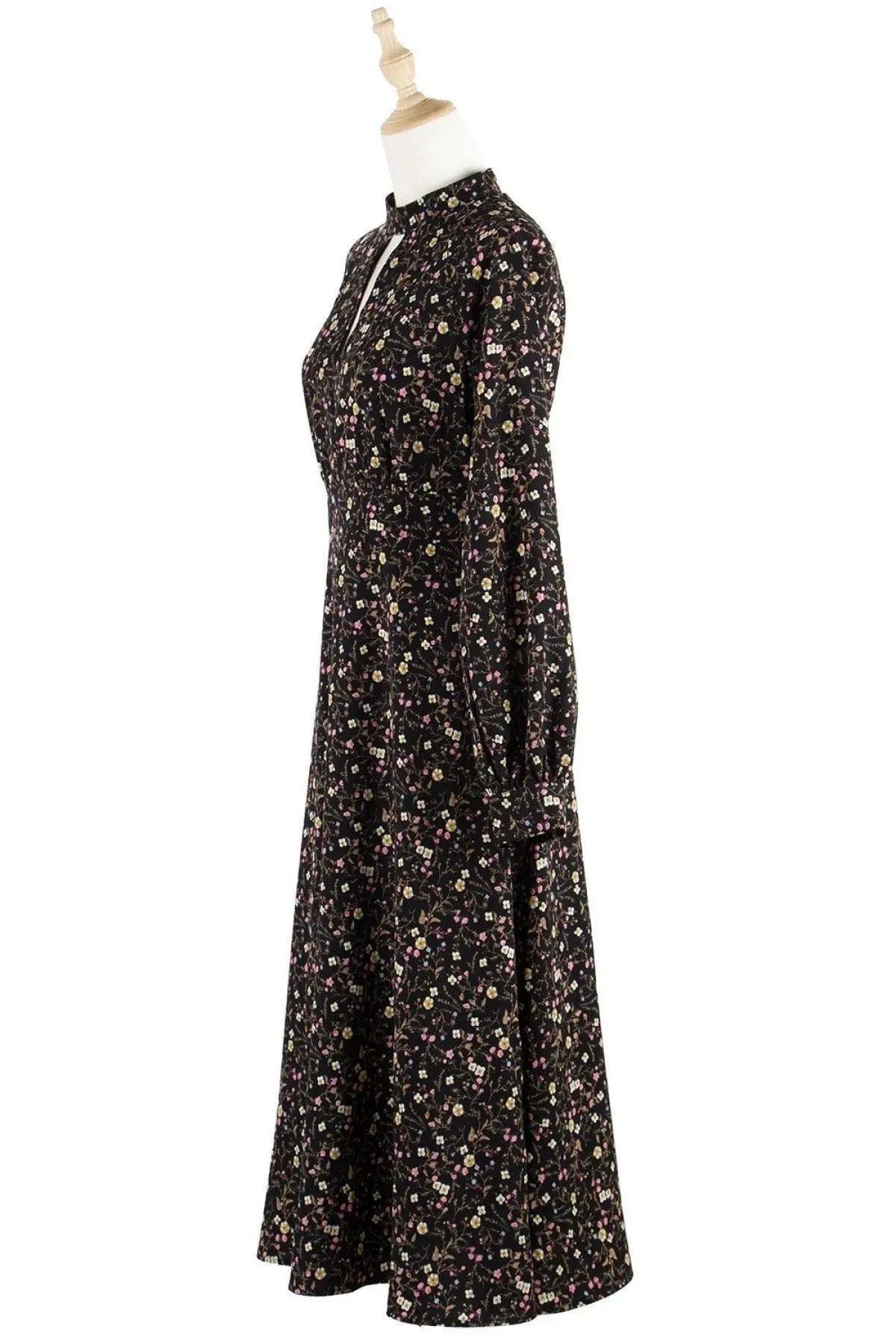 Black Keyhole Neck Lantern Sleeve Ditsy Floral Midi Dress