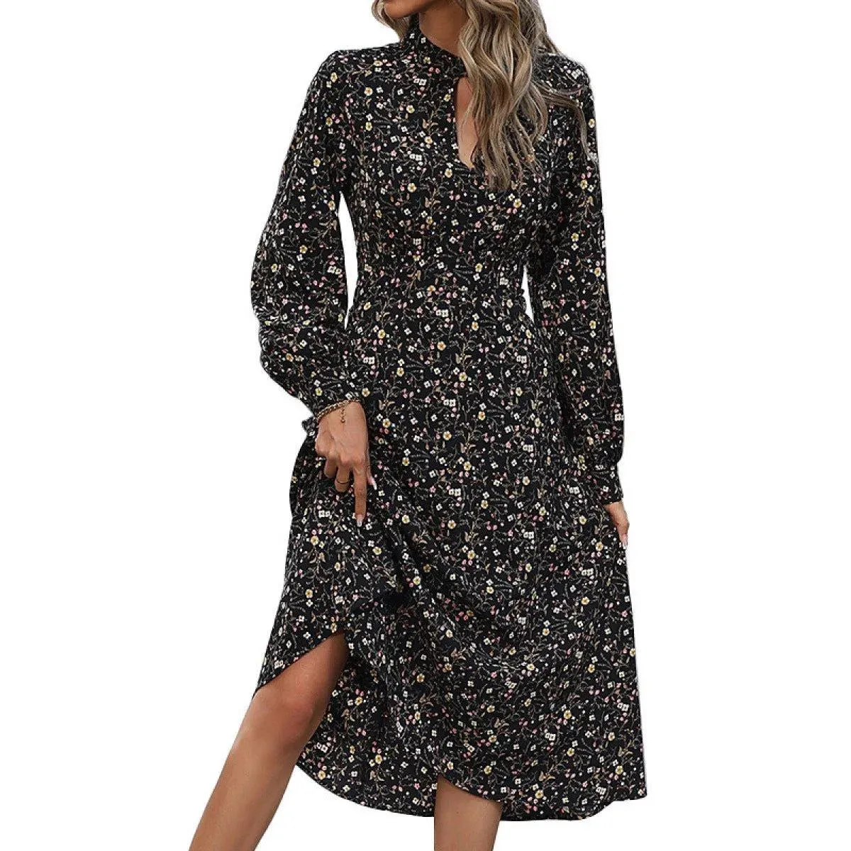 Black Keyhole Neck Lantern Sleeve Ditsy Floral Midi Dress