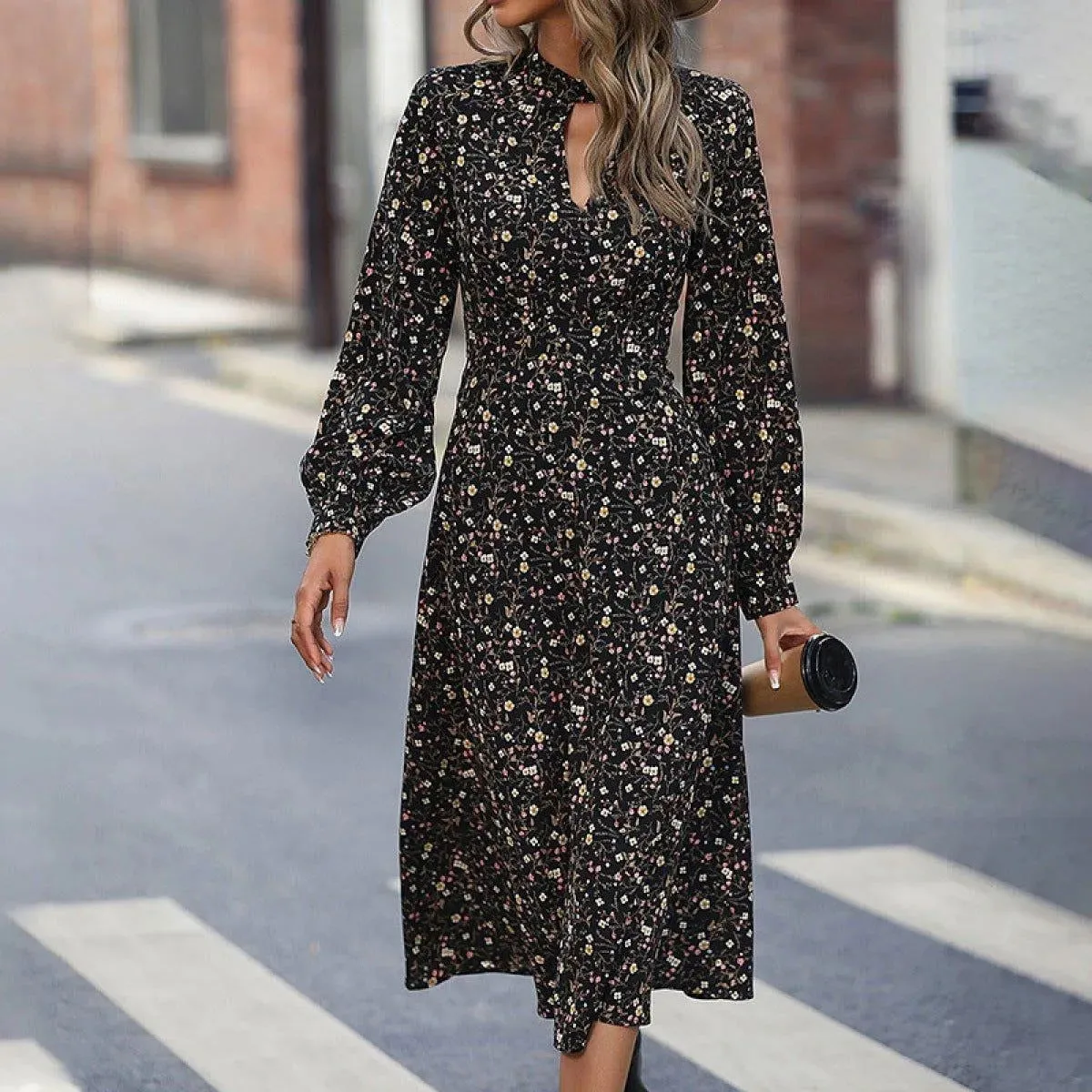 Black Keyhole Neck Lantern Sleeve Ditsy Floral Midi Dress