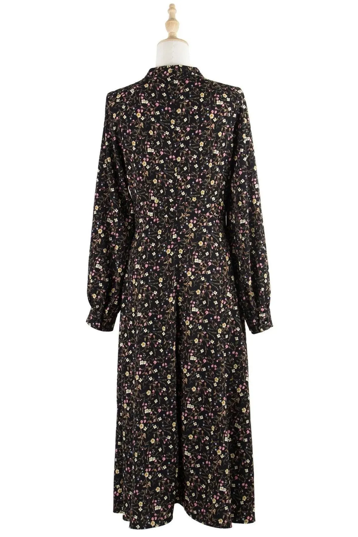Black Keyhole Neck Lantern Sleeve Ditsy Floral Midi Dress