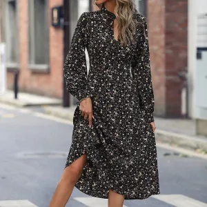 Black Keyhole Neck Lantern Sleeve Ditsy Floral Midi Dress