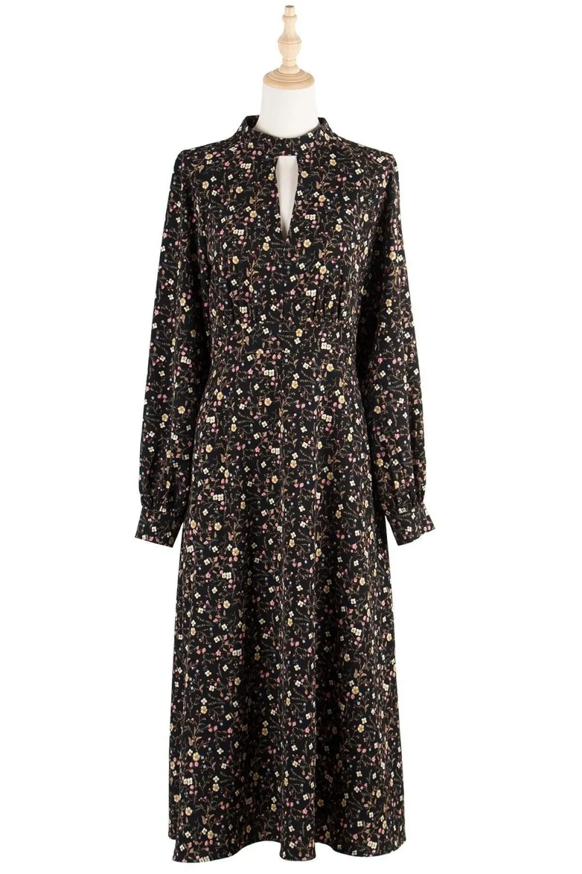 Black Keyhole Neck Lantern Sleeve Ditsy Floral Midi Dress