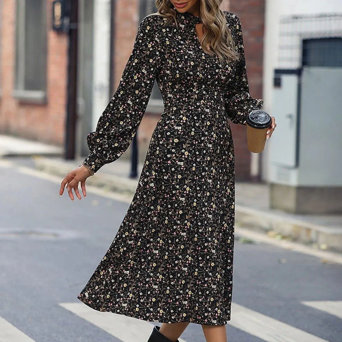 Black Keyhole Neck Lantern Sleeve Ditsy Floral Midi Dress