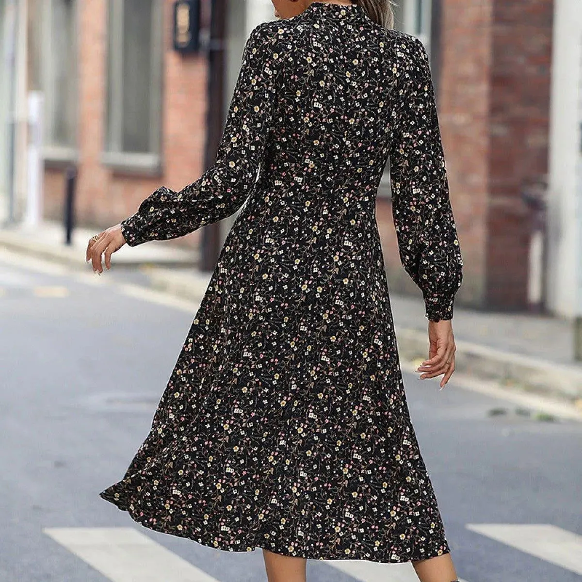 Black Keyhole Neck Lantern Sleeve Ditsy Floral Midi Dress