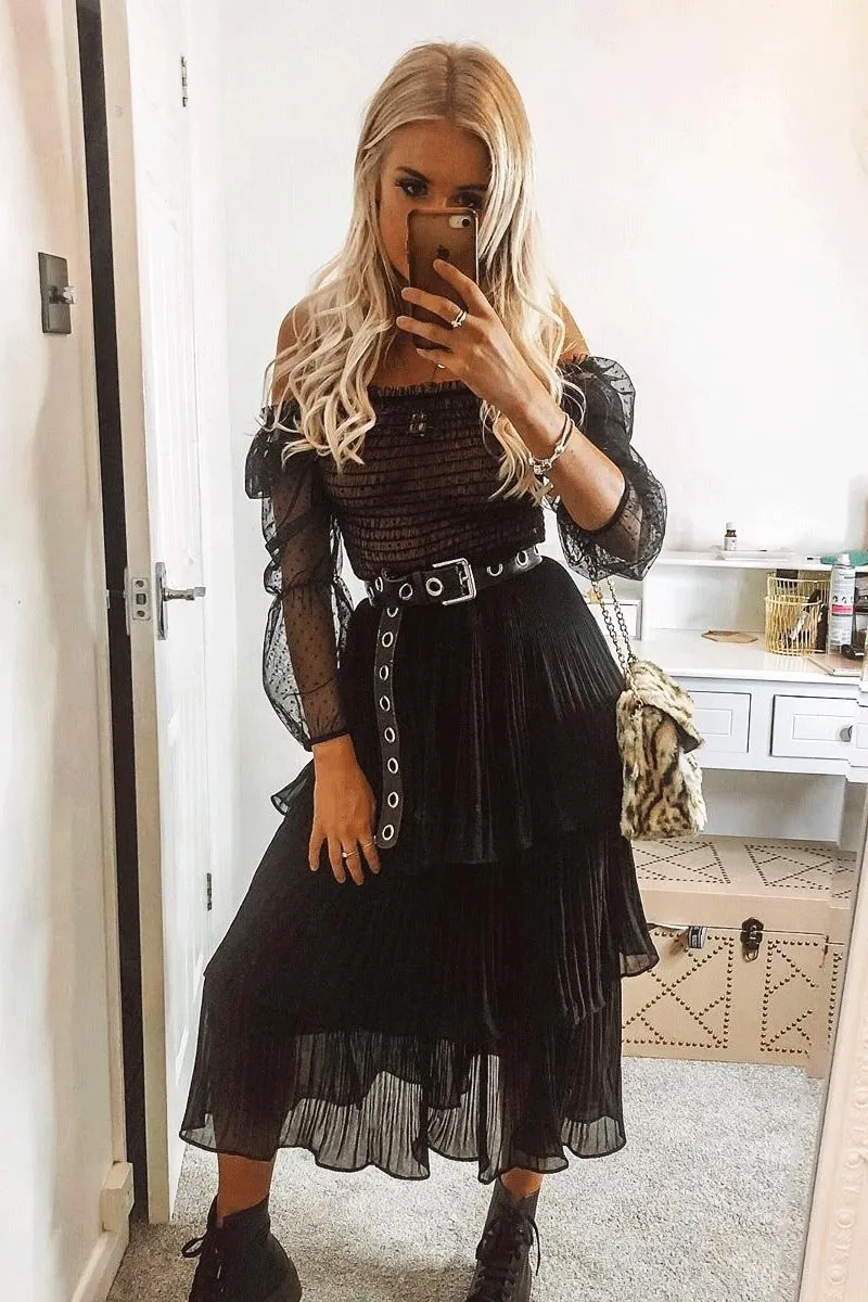 Black Mesh Polka Shirred Crop Top - Soliana