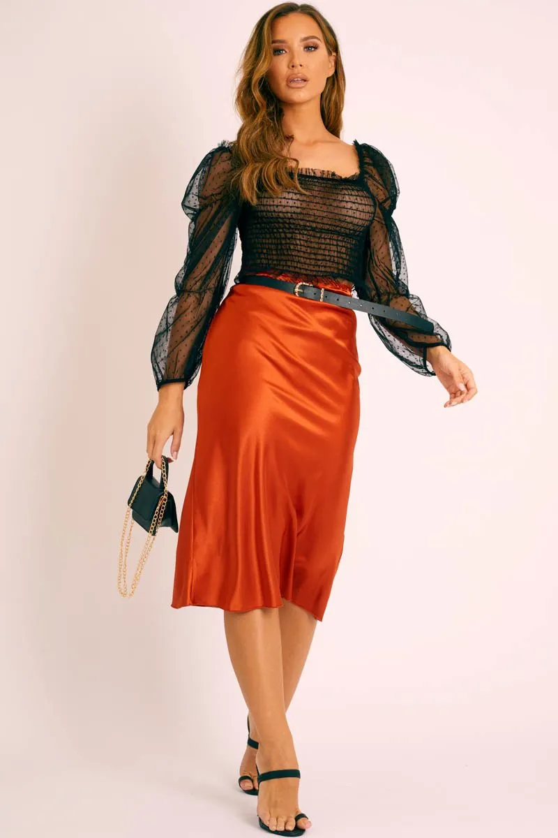 Black Mesh Polka Shirred Crop Top - Soliana