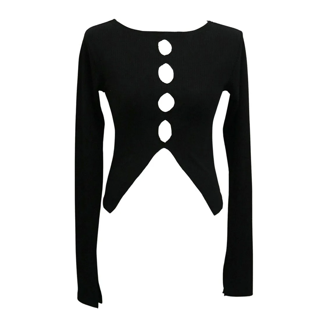 Boat Neck Long Sleeve Split Trim Cut Out Crop Top - Black