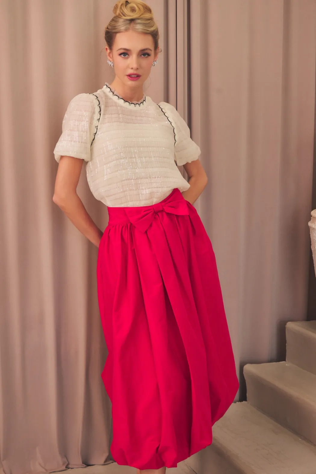 Bow Bubble Hem Midi Skirt