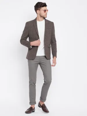 Brown Checked Notched Lapel Blazer