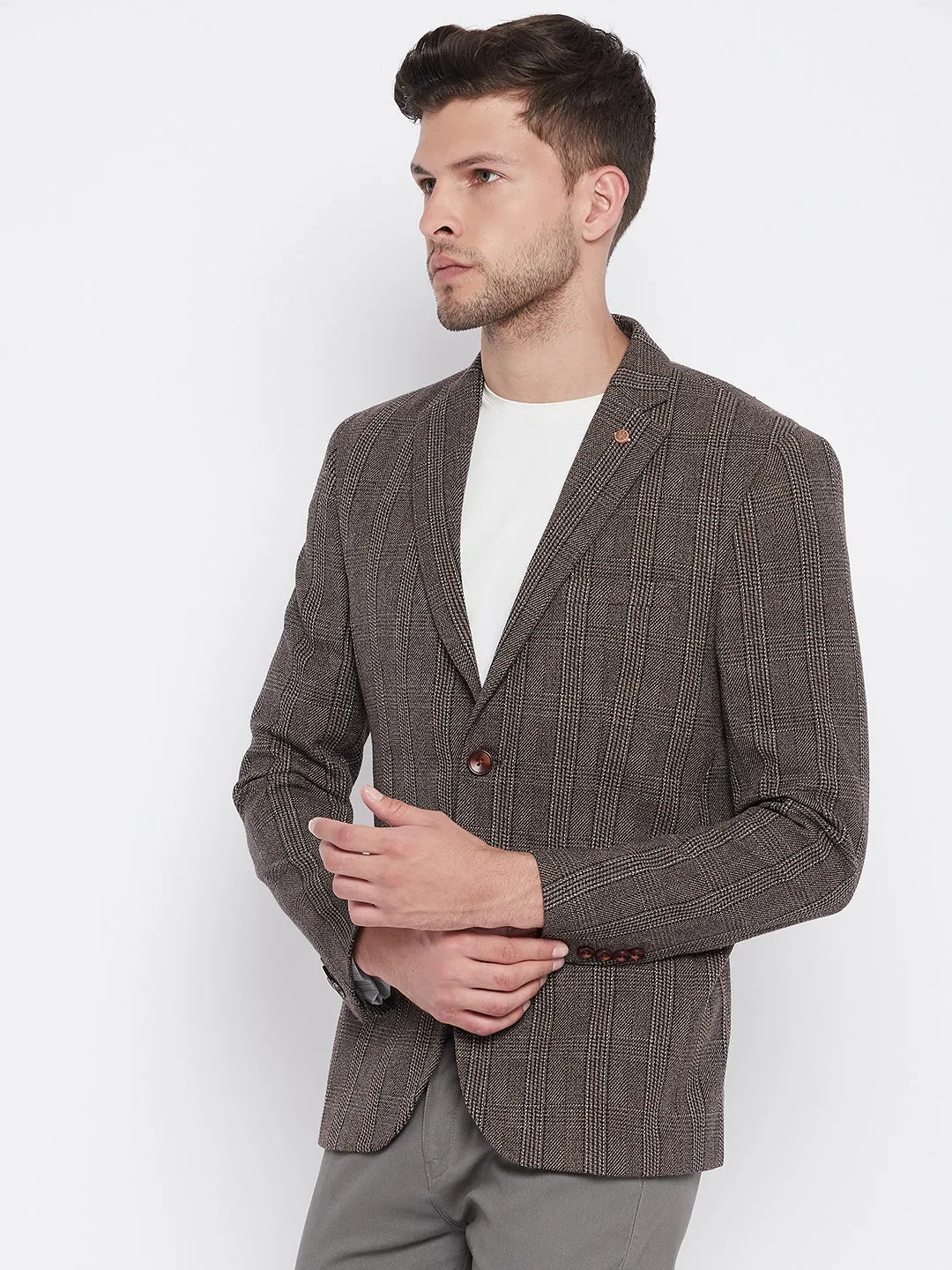 Brown Checked Notched Lapel Blazer
