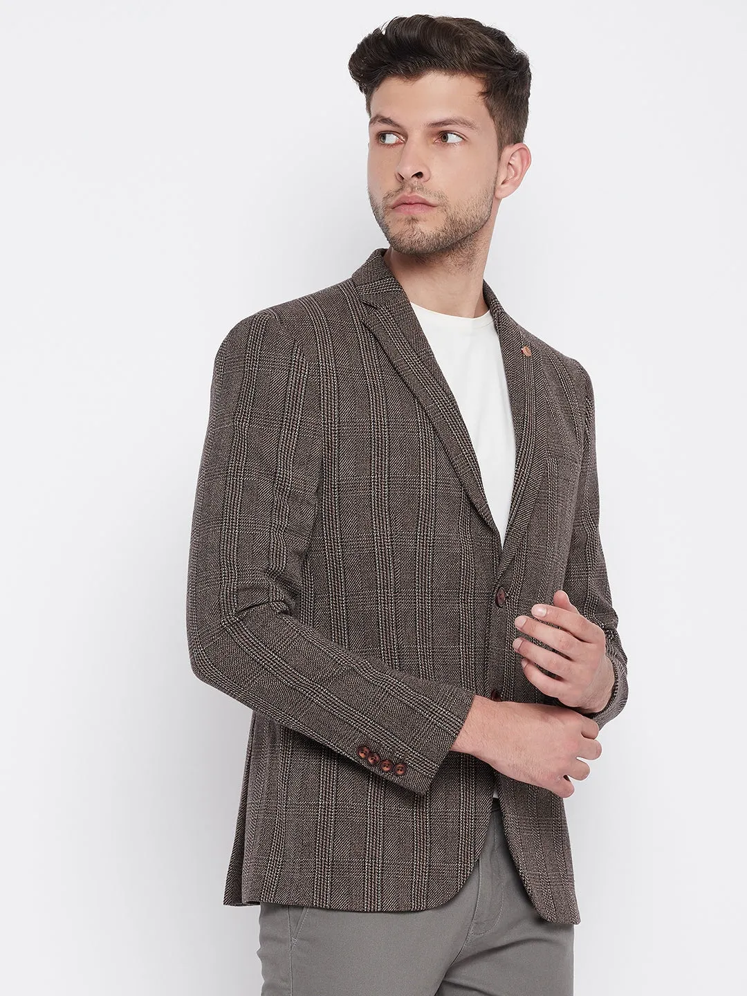 Brown Checked Notched Lapel Blazer