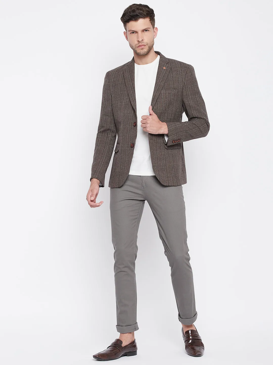 Brown Checked Notched Lapel Blazer