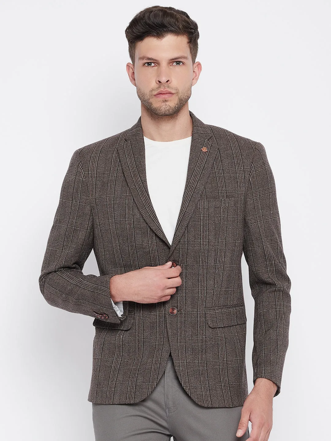 Brown Checked Notched Lapel Blazer