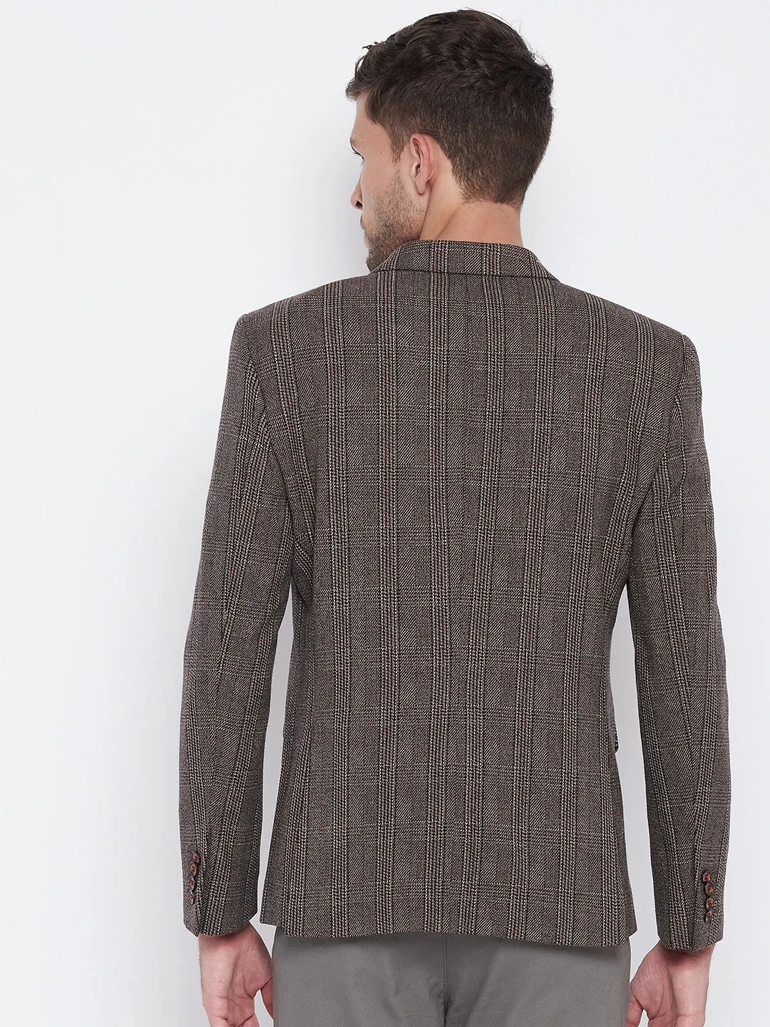 Brown Checked Notched Lapel Blazer