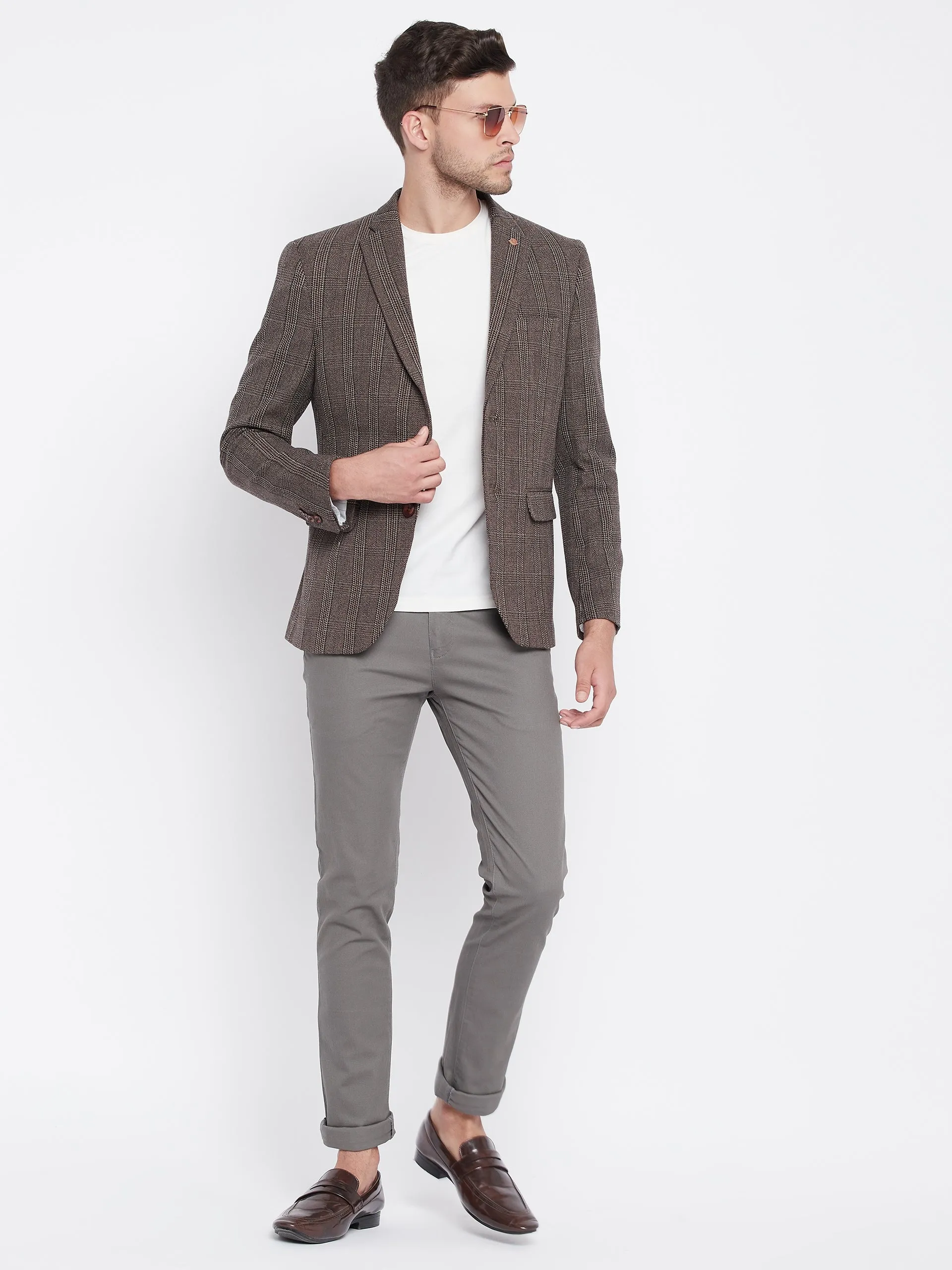 Brown Checked Notched Lapel Blazer