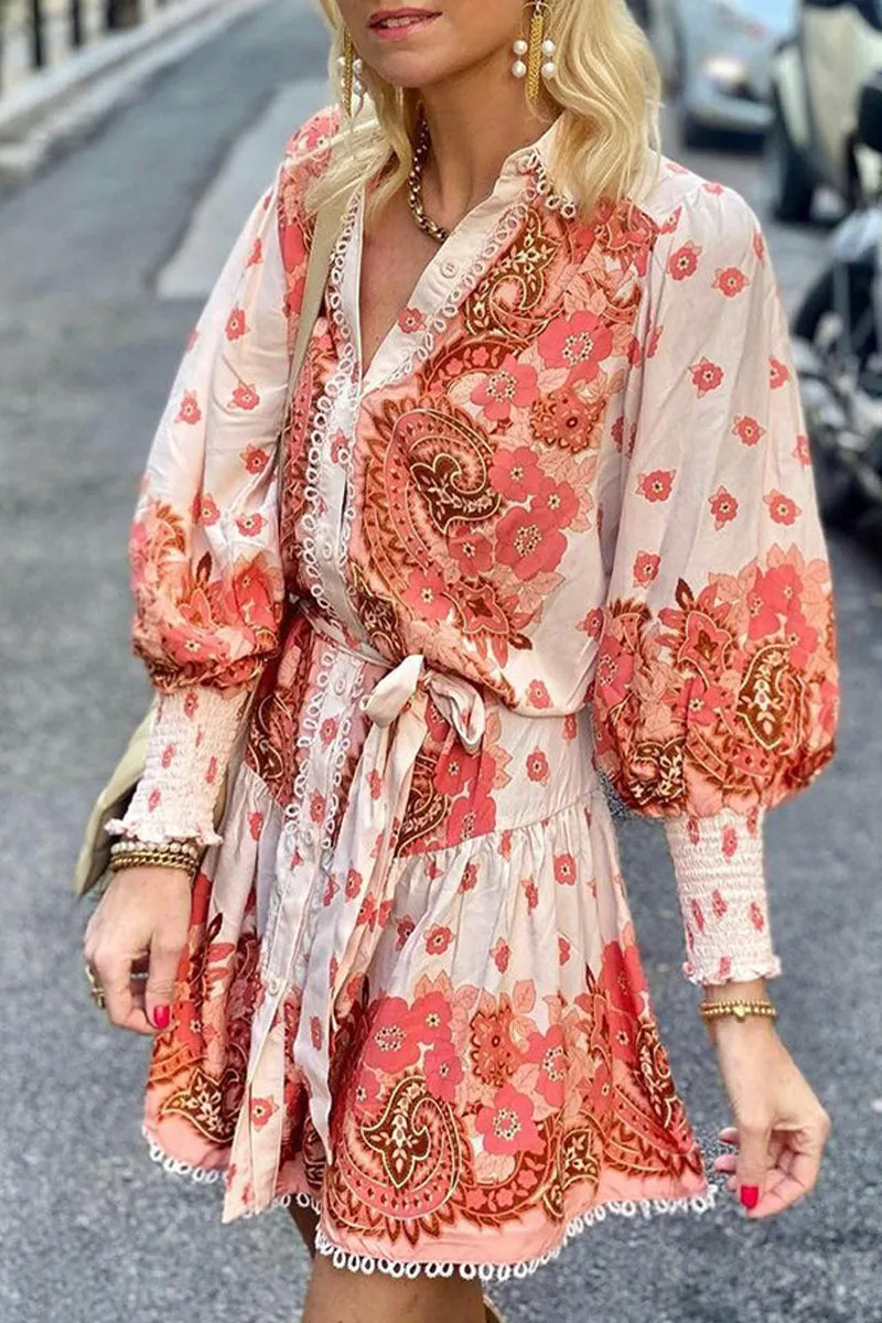 Casual Floral Bandage V Neck Printed Dresses