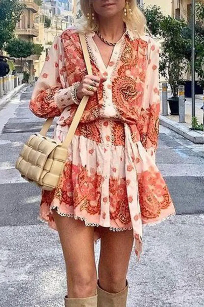 Casual Floral Bandage V Neck Printed Dresses