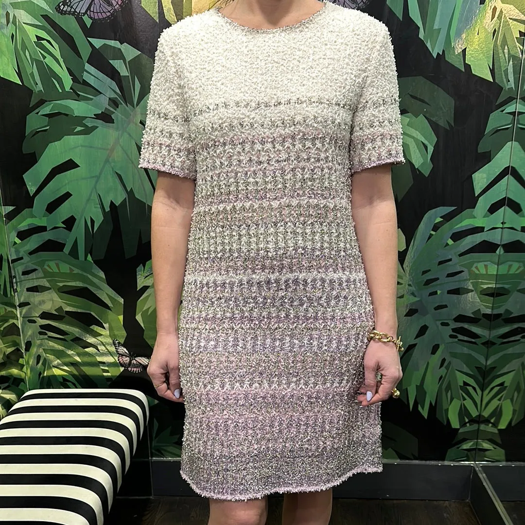 CHANEL White, Lavendar and Silver Tweed Short Sleeve Dress