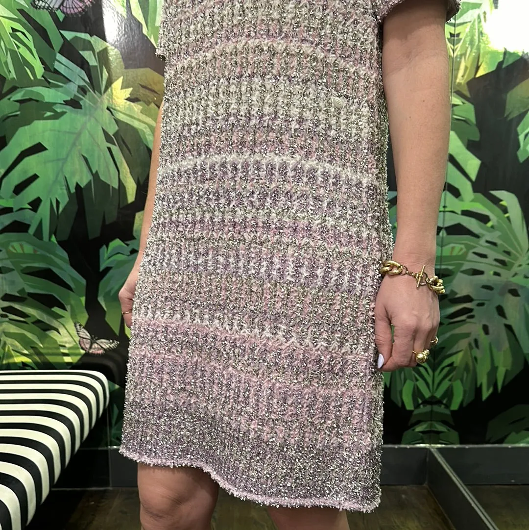 CHANEL White, Lavendar and Silver Tweed Short Sleeve Dress