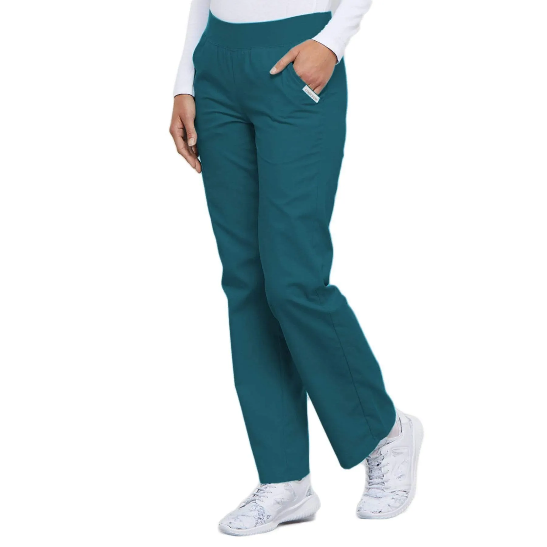 Cherokee Flexibles 2085 Scrubs Pants Womens Mid Rise Knit Waist Pull-On Caribbean Blue