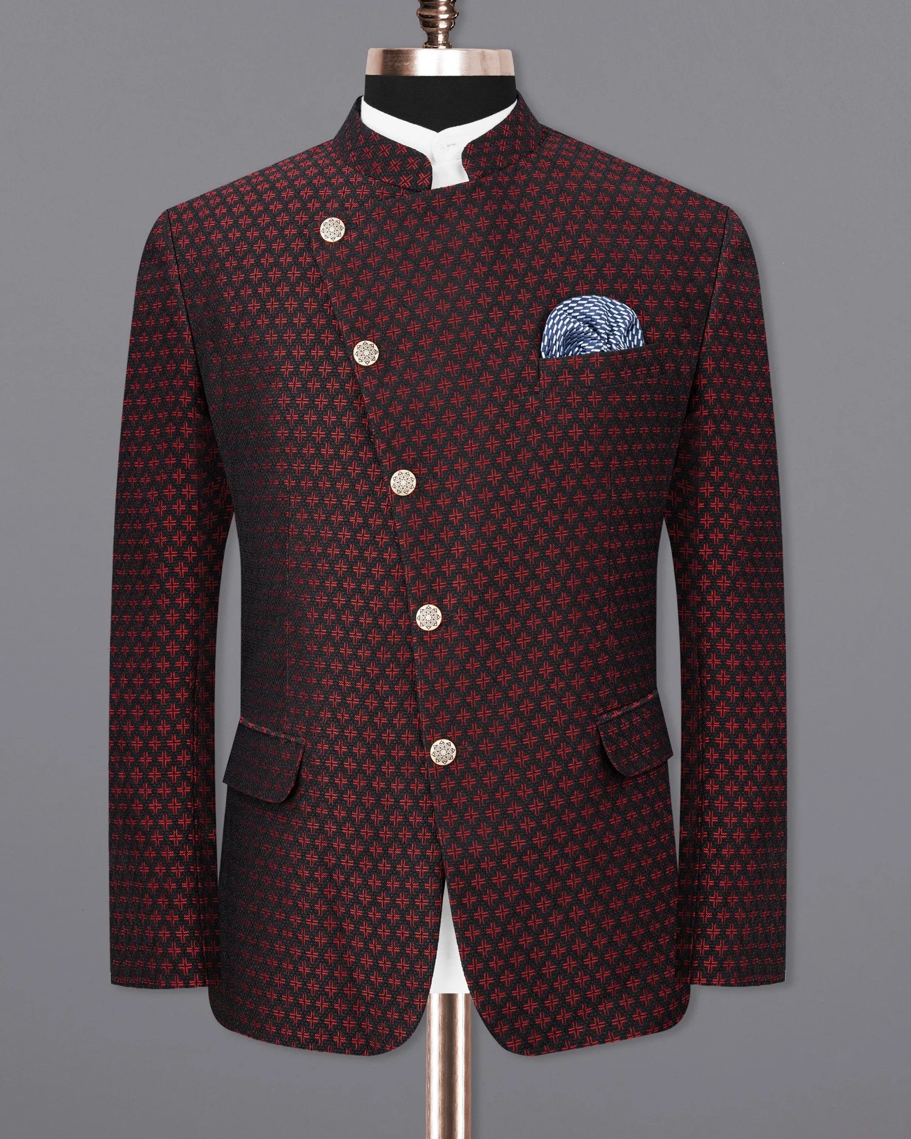 Claret Red and Jade Black Houndstooth Texture Cross Buttoned Bandhgala Blazer
