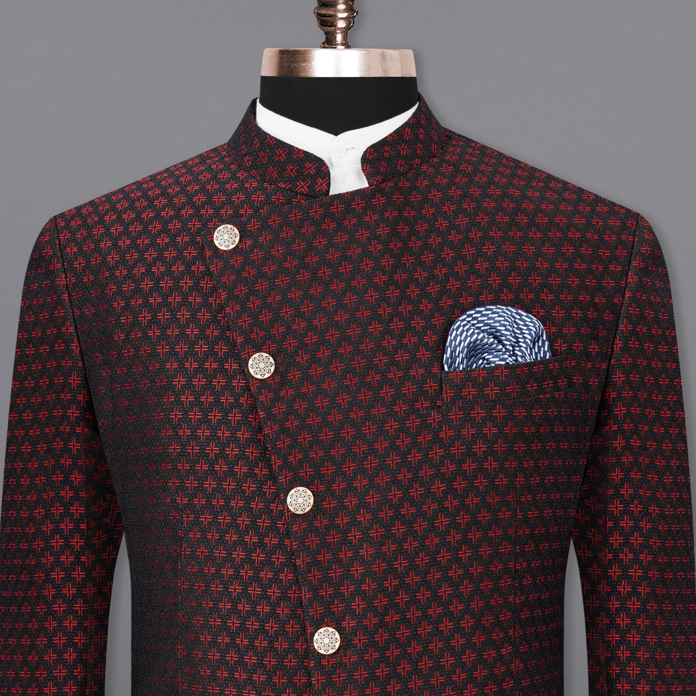Claret Red and Jade Black Houndstooth Texture Cross Buttoned Bandhgala Blazer