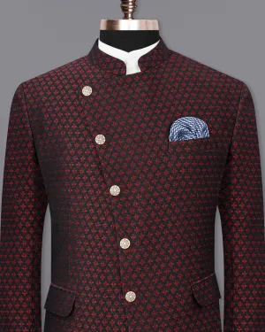 Claret Red and Jade Black Houndstooth Texture Cross Buttoned Bandhgala Blazer