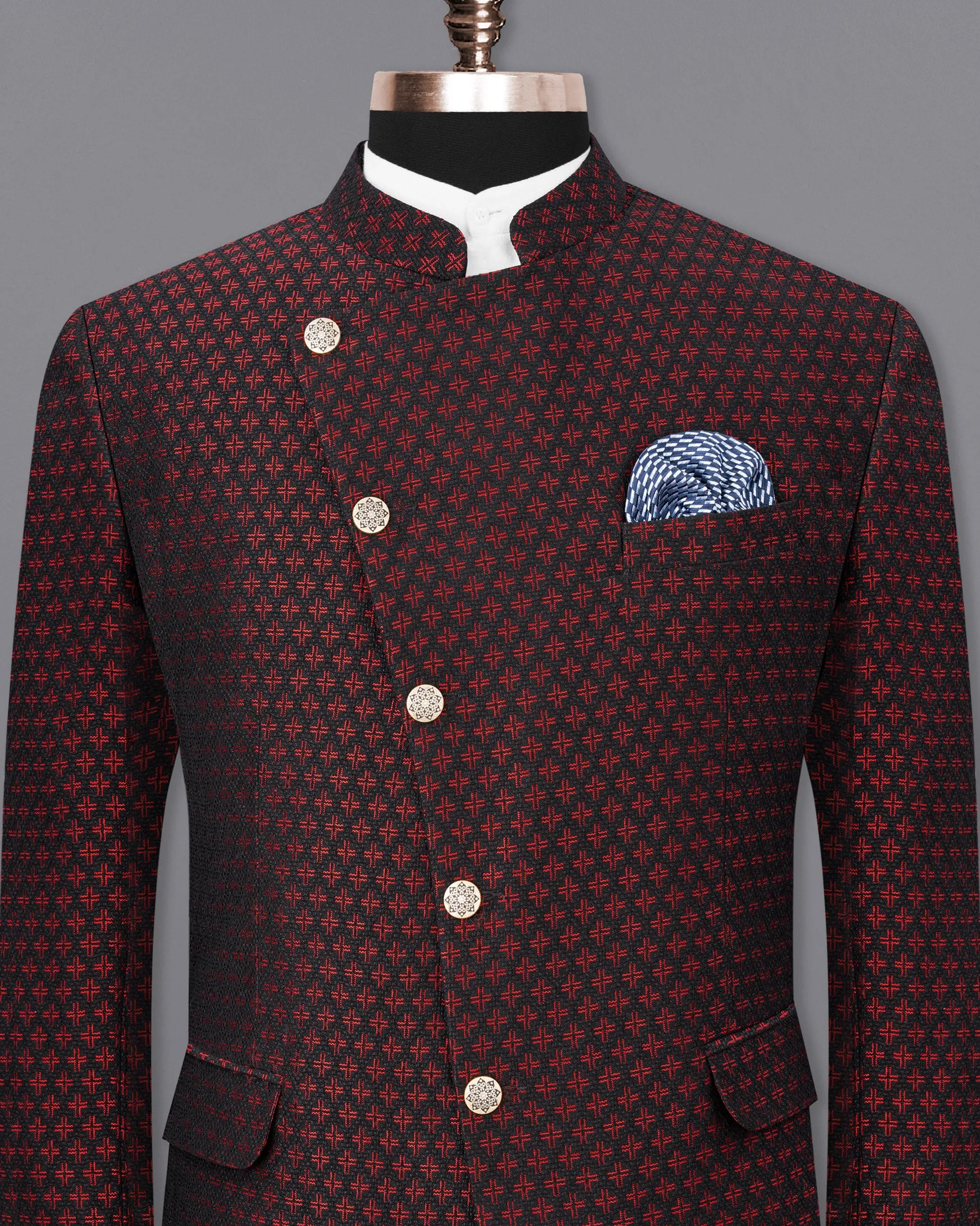 Claret Red and Jade Black Houndstooth Texture Cross Buttoned Bandhgala Blazer
