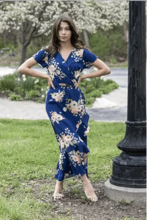 CLEARANCE - Floral Wrap Dress - Navy