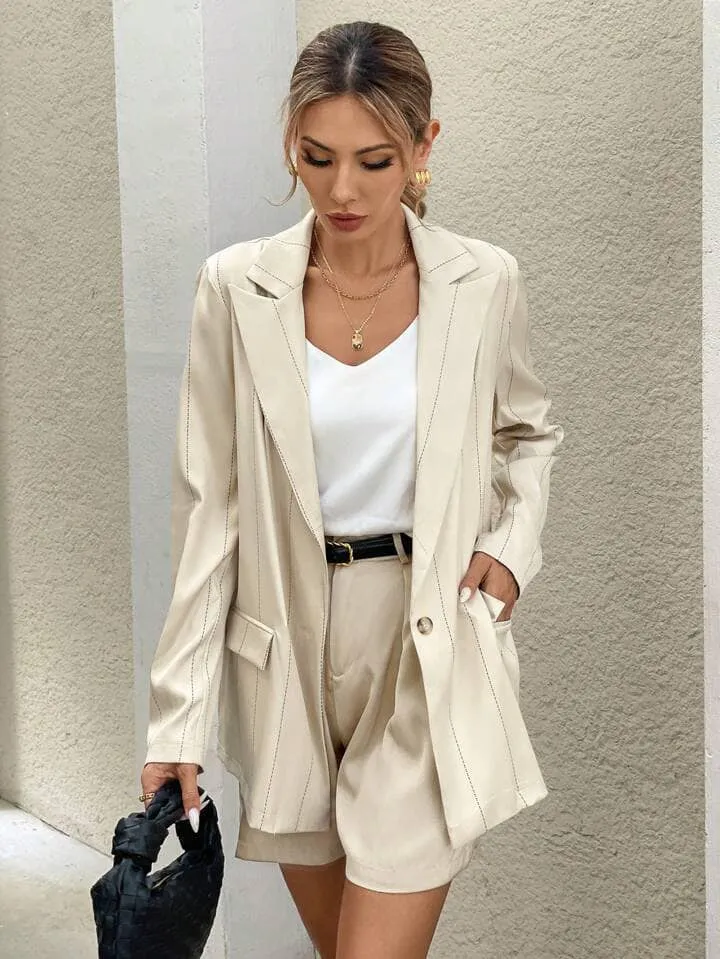 CM-CS372227 Women Casual Seoul Style Single-Breasted Pocket Striped Long Sleeve Blazer - Apricot