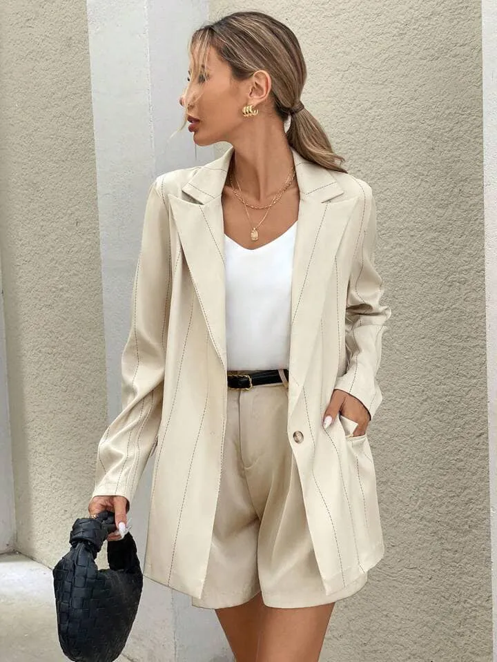 CM-CS372227 Women Casual Seoul Style Single-Breasted Pocket Striped Long Sleeve Blazer - Apricot