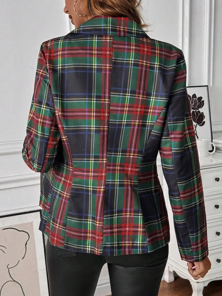 CM-CS381214 Women Casual Seoul Style Plaid Lapel Neckline Long Sleeve Blazer Jacket