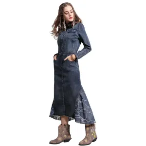 Collar Vintage Denim Patchwork Mermaid Long Dress