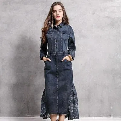 Collar Vintage Denim Patchwork Mermaid Long Dress