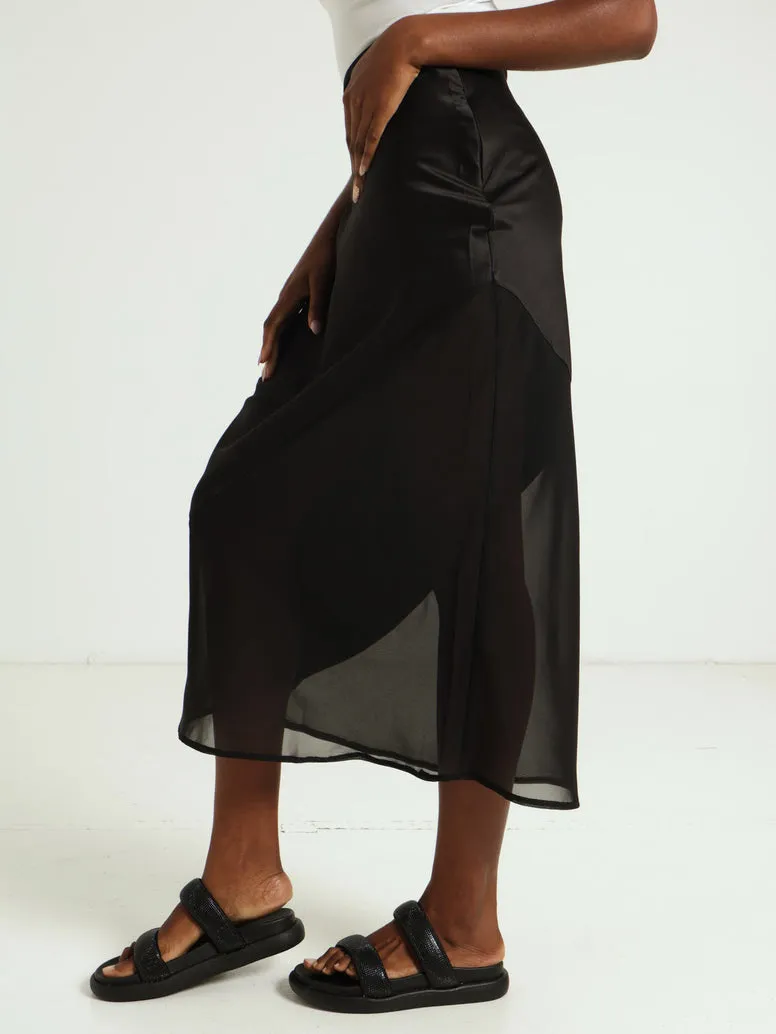 Combo Satin And Chiffon Slip Skirt - Black