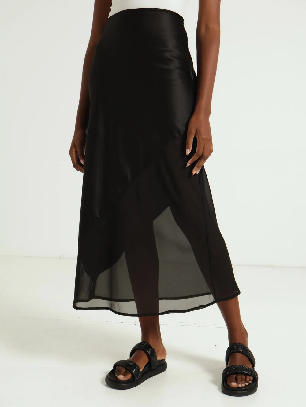 Combo Satin And Chiffon Slip Skirt - Black