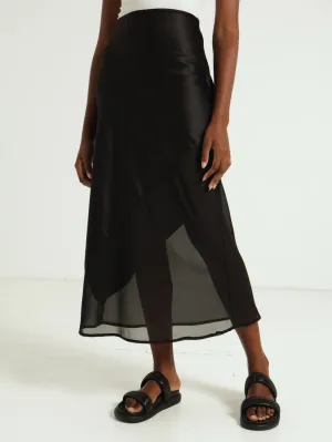 Combo Satin And Chiffon Slip Skirt - Black