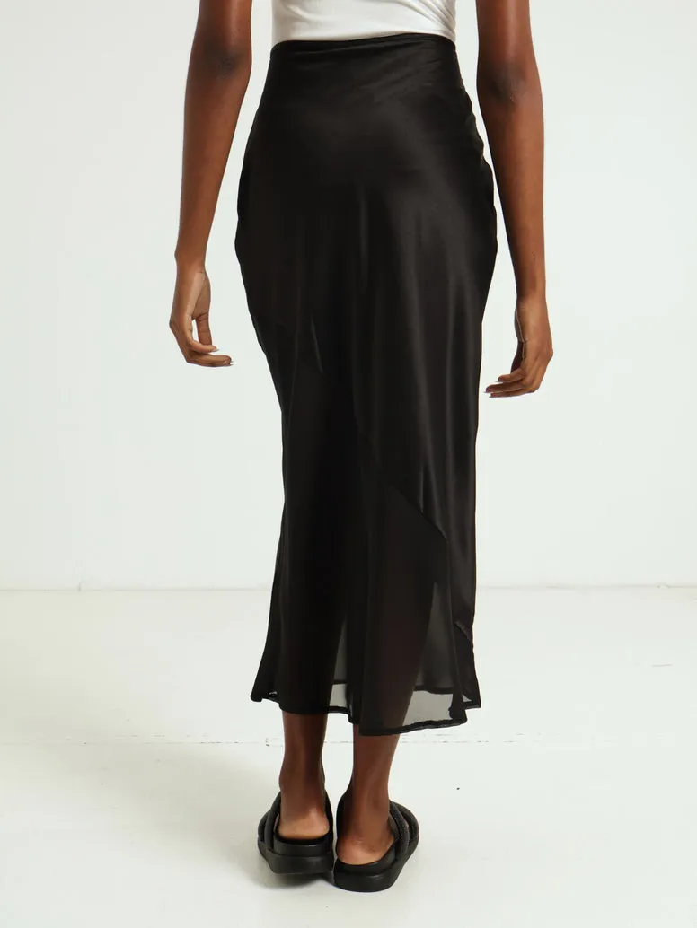 Combo Satin And Chiffon Slip Skirt - Black