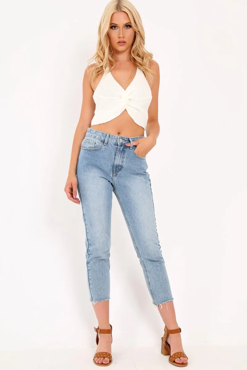 Cream Knitted Knot Halterneck Crop Top - Irelyn