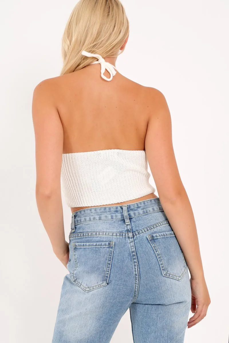 Cream Knitted Knot Halterneck Crop Top - Irelyn