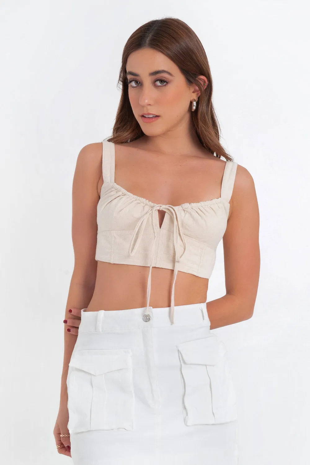 Crop top de tirantes escote plisado con jareta