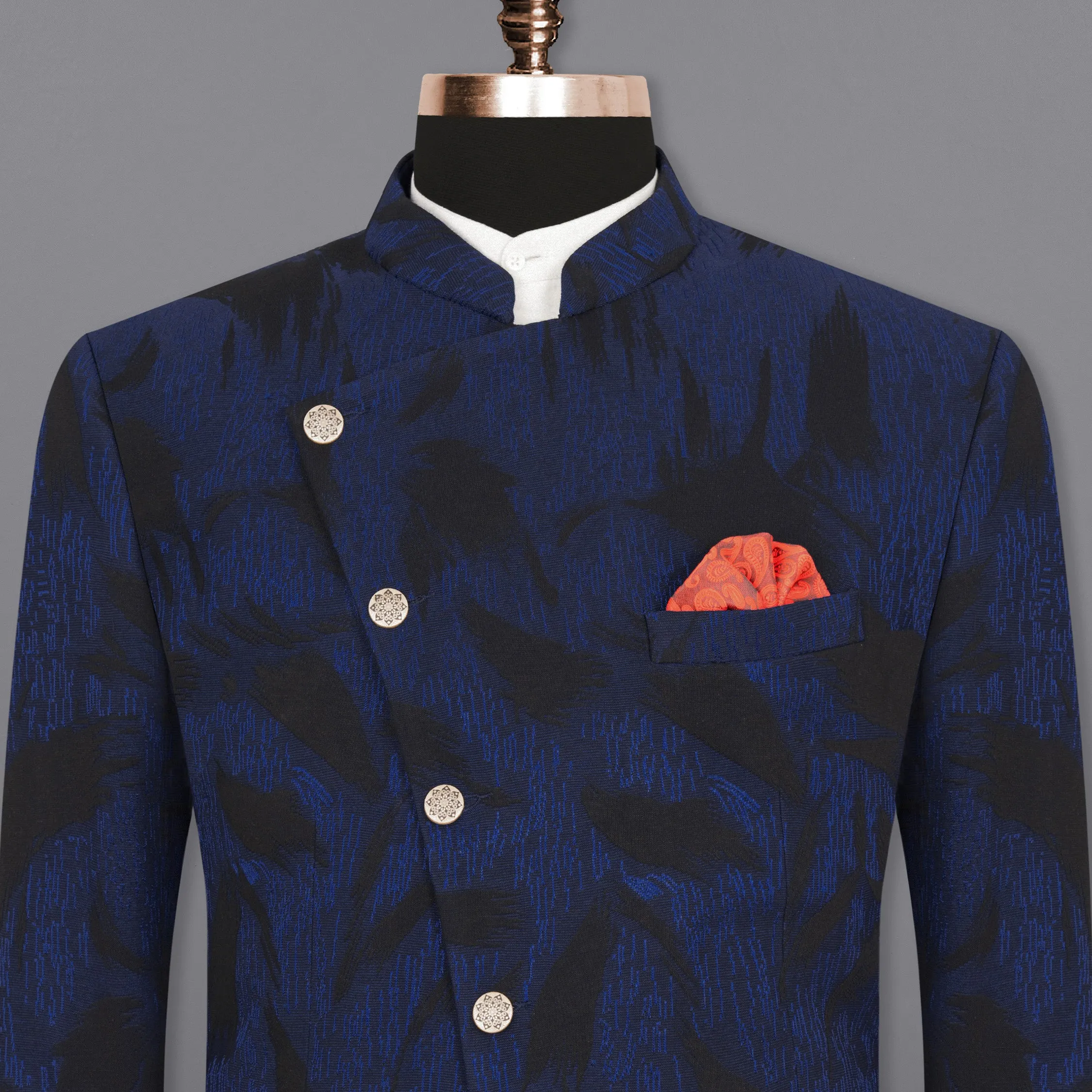 Deep Cove Blue Textured Cross Buttoned Bandhgala Blazer