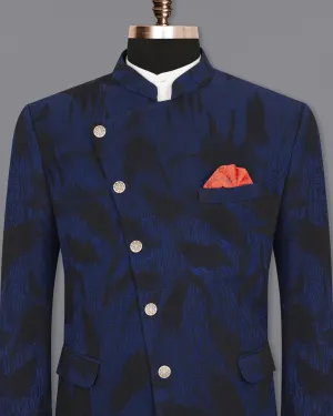 Deep Cove Blue Textured Cross Buttoned Bandhgala Blazer