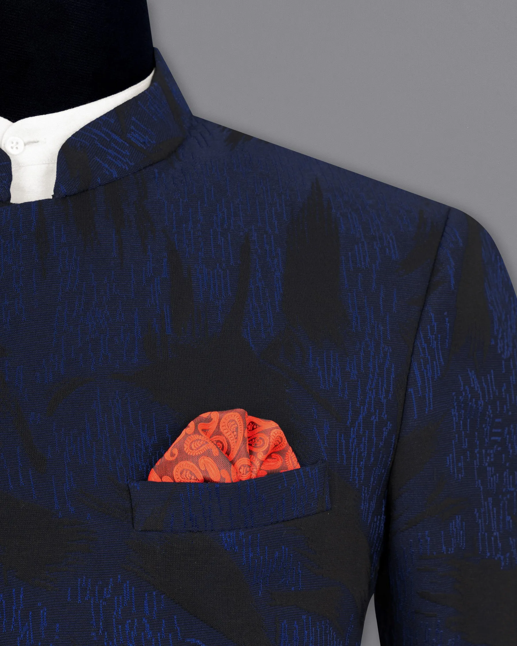 Deep Cove Blue Textured Cross Buttoned Bandhgala Blazer
