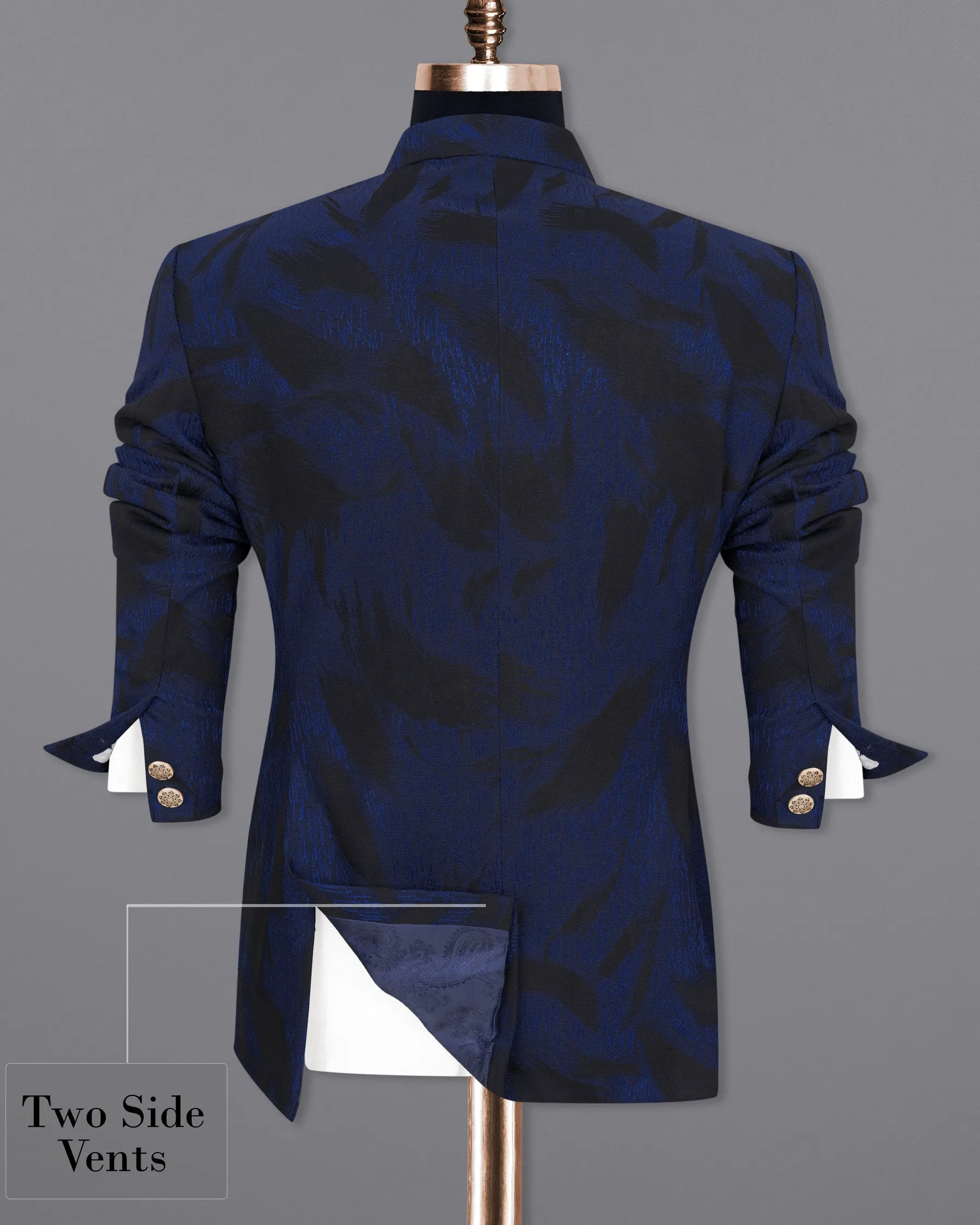 Deep Cove Blue Textured Cross Buttoned Bandhgala Blazer